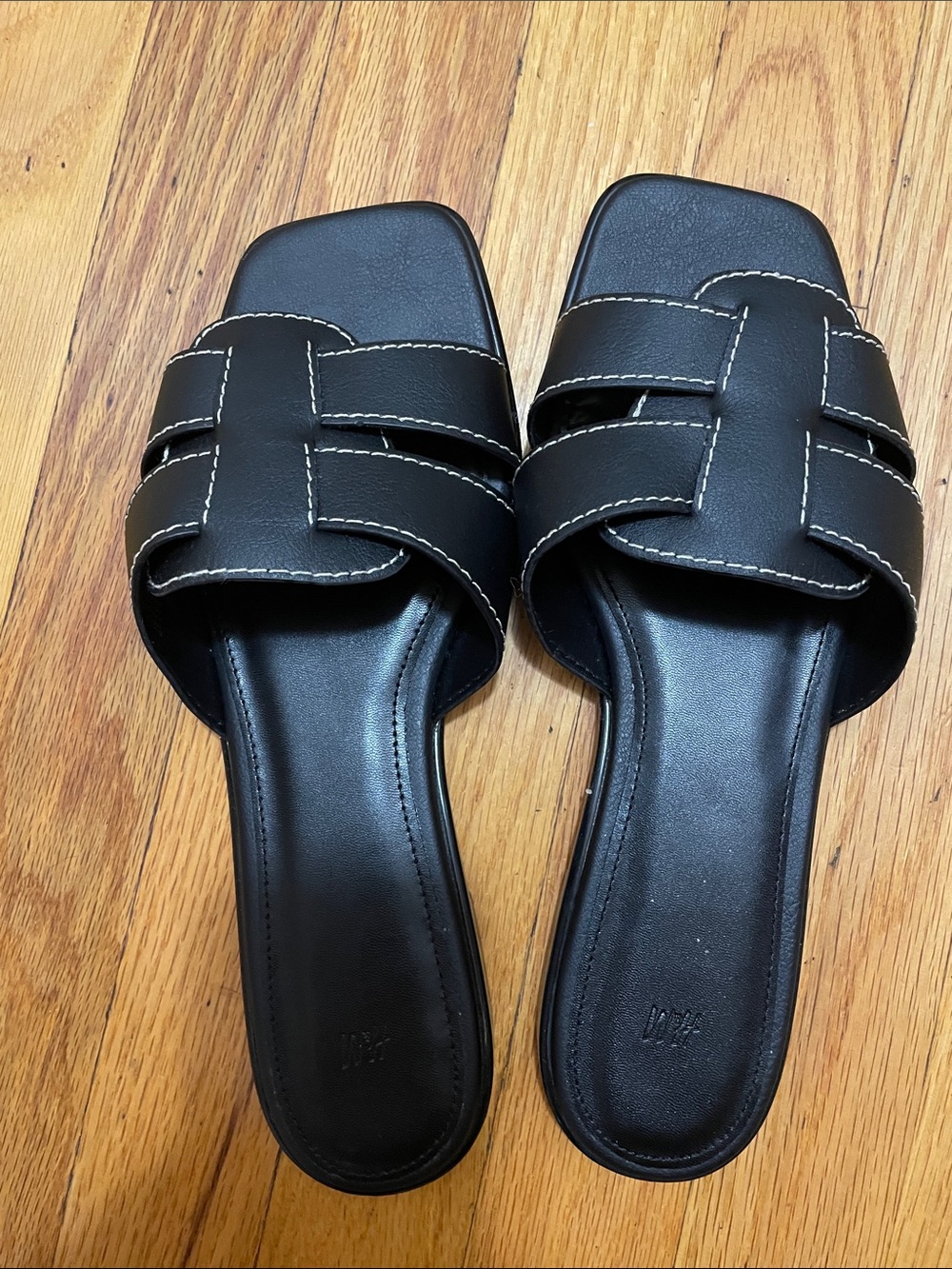 H&M Black Slide Sandals with White Contrast Stitching